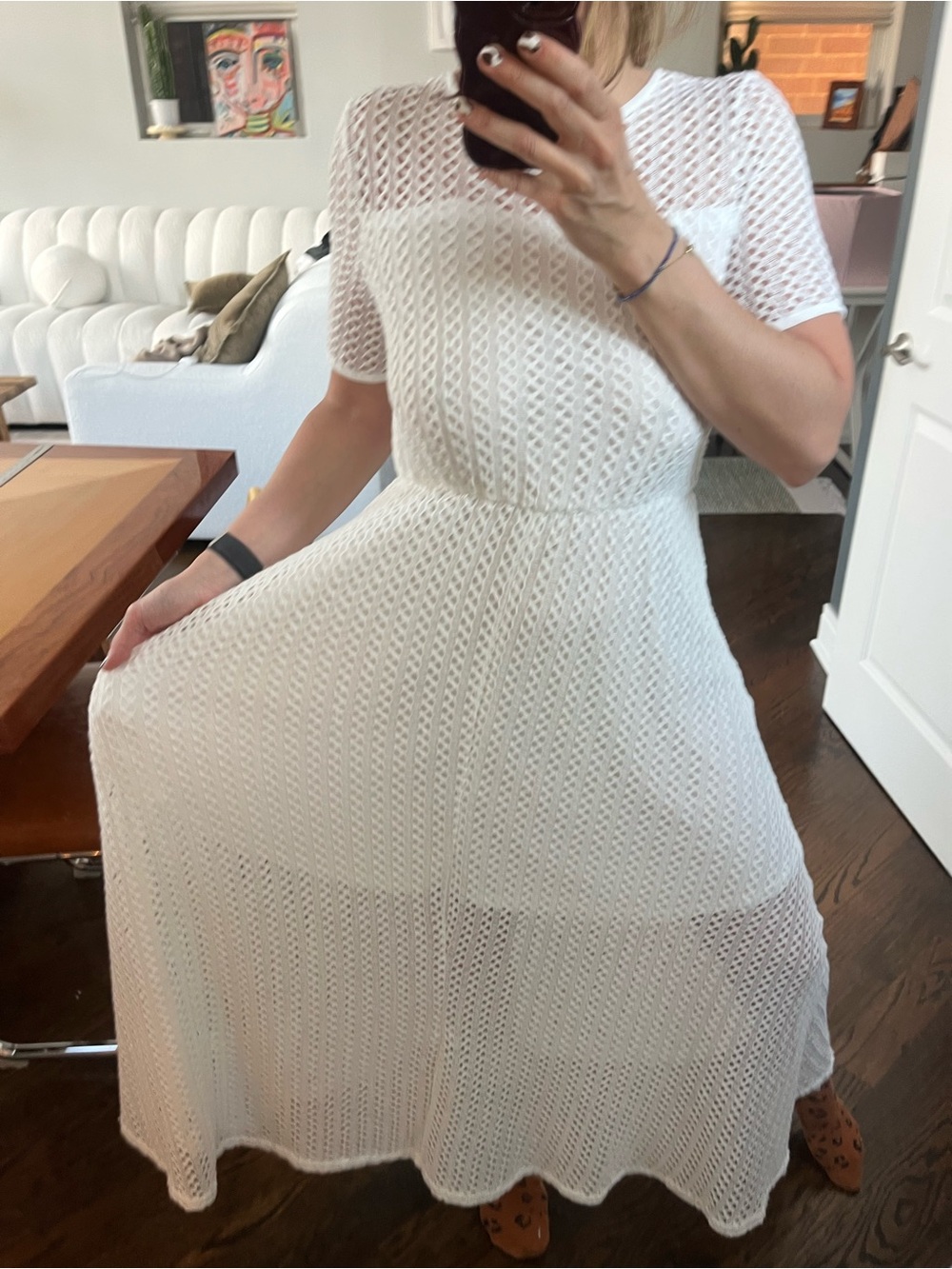Aris White Open-Knit Short Sleeve Midi Dress